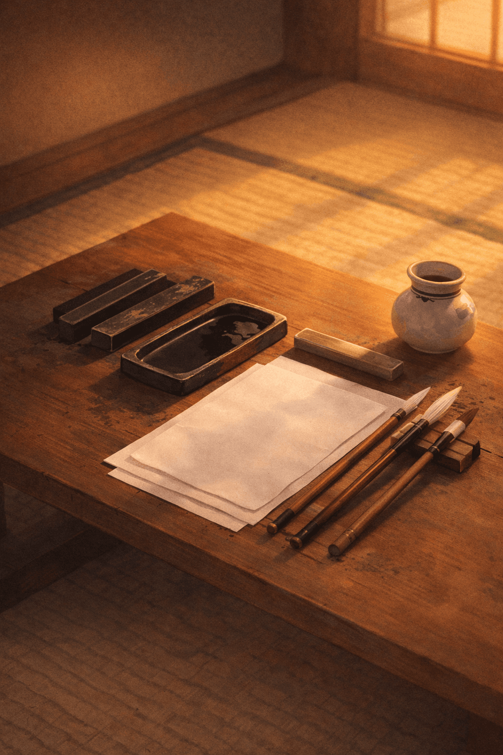 Calligraphy tools — ink stone, brushes, and washi paper on a wooden desk